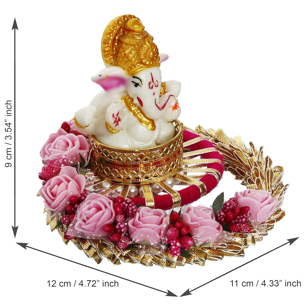 Ecraftindia Polyresin Lord Ganesha Idol on Pink Floral Handcrafted Plate | Exquisite Hindu God Figurine