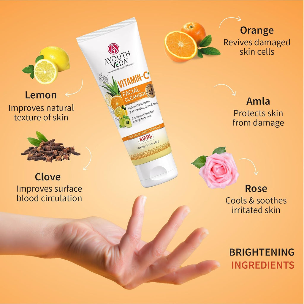 Ayouthveda Vitamin-C Facial Cleanser with Indian Gooseberry, Lemon, Orange & Hibiscus Extracts | Gently Exfoliates, Promotes Collagen & Brightens Skin | Suitable for All Skin Types | 100g