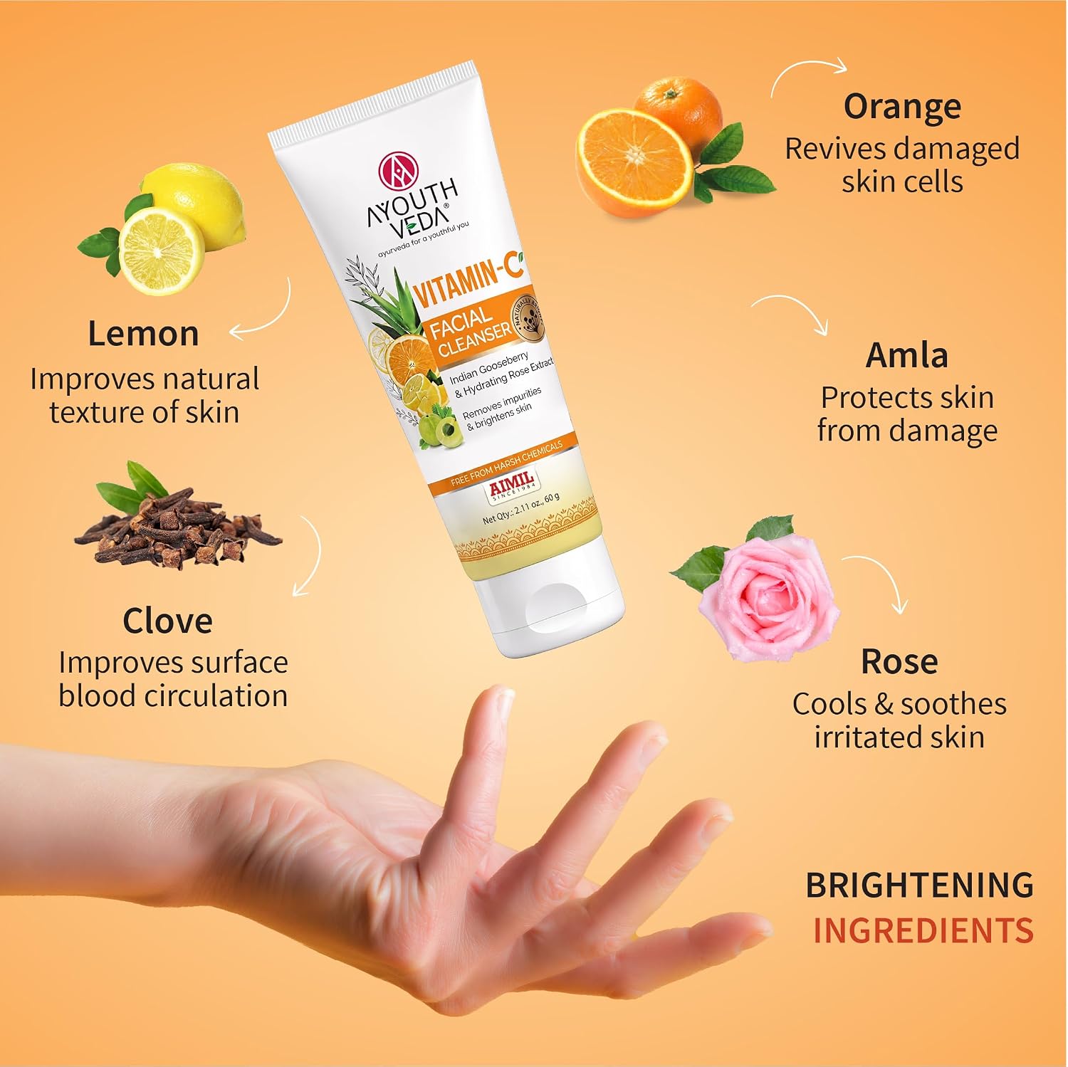 Ayouthveda Vitamin-C Facial Cleanser with Indian Gooseberry, Lemon, Orange & Hibiscus Extracts | Gently Exfoliates, Promotes Collagen & Brightens Skin | Suitable for All Skin Types | 100g