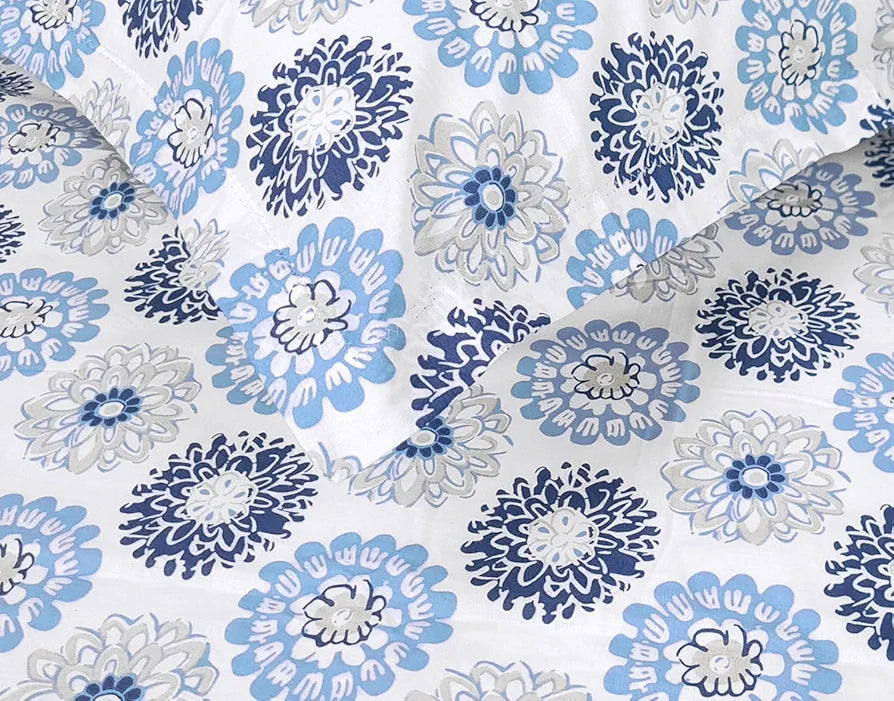 Divine Casa 144 TC 100% Cotton Bedsheet for Double Bed with 2 Pillow Cover Colour Blue Beige