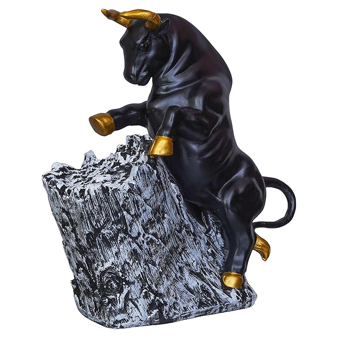 Ecraftindia Black Polyresin Bull Statue With Golden Horns & Climbing on Rock Showpiece