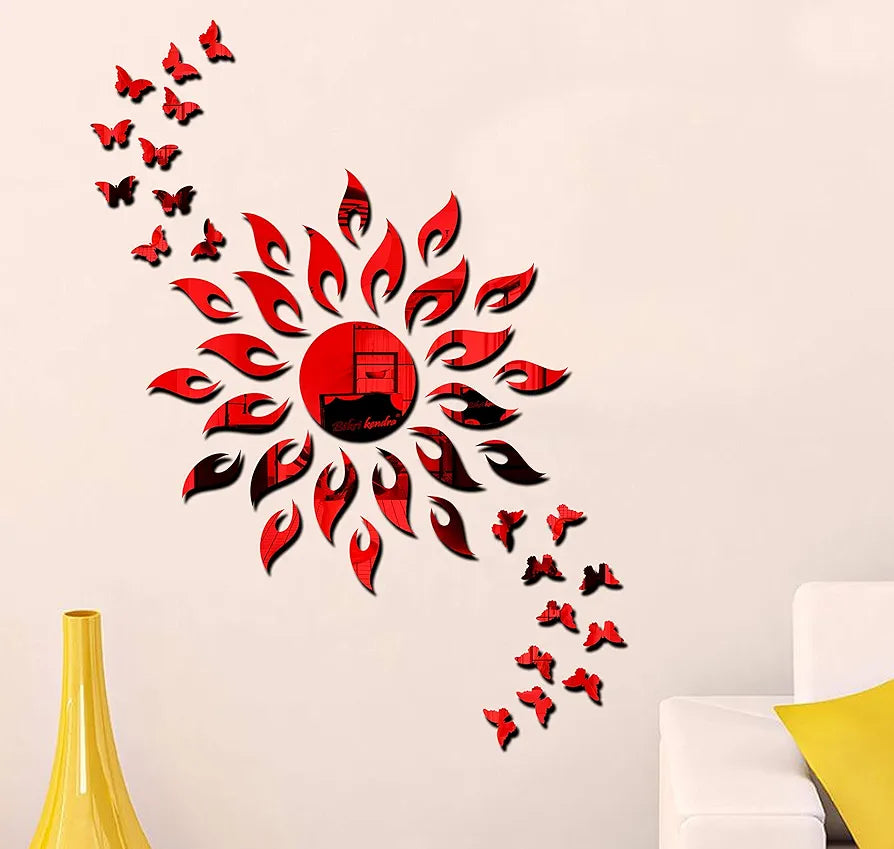 Bikri Kendra Sun Red with 20 Black Butterfly 3D Acrylic Mirror Stickers for Wall
