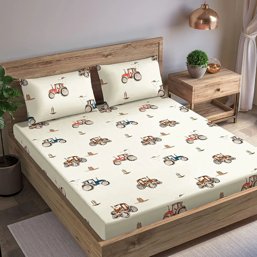 Trance Home Linen 180TC 100% Cotton 78"x60" Standard Queen Size Elastic Fitted Kids Bedsheet Cartoon Printed Queen Bed Size with 2 Pillow Covers Colour Car Orange