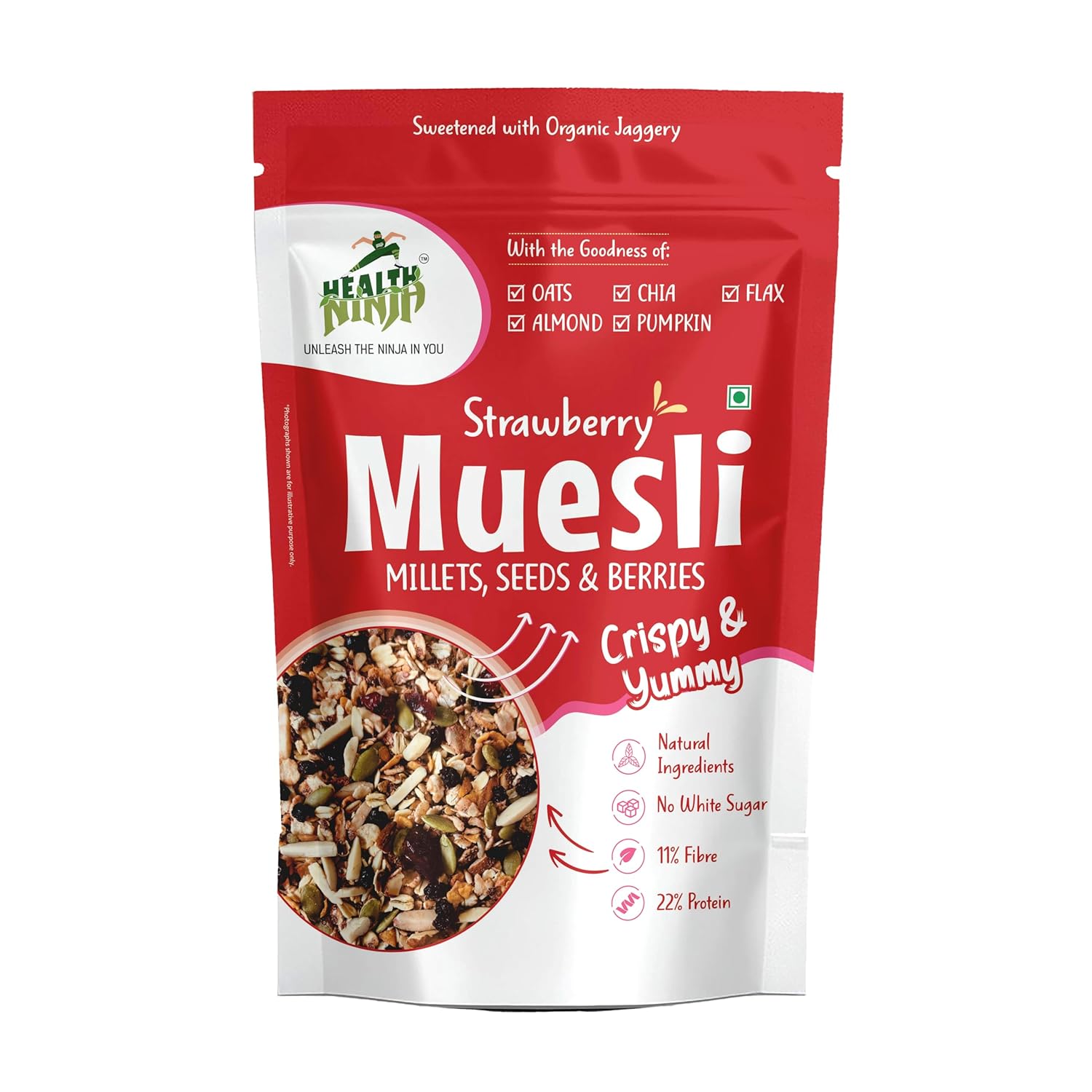 Health Ninja Strawberry Muesli | High Protein Breakfast Cereal | Oats, Almonds, Chia, Flax & Pumpkin Seeds | 900 g (Strawberry)
