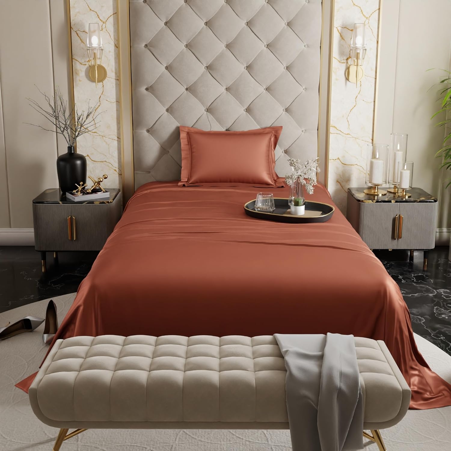 Stoa Paris Satin Bedsheets for Single Bed 300TC Premium Bedsheet with 1 Pillow Cover Colour Melted Caramel