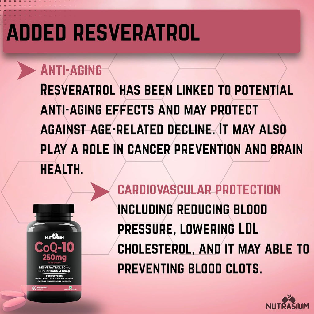 Nutrasium Co Enzyme Q-10 250 mg With Resveratrol | CoQ-10 Supplemets | For Heart & Vascular Health, Cellular Energy Boost, Potent AntiOxidant | 60 Veg Tablets (60 Veg Tablets, Co-Q10)