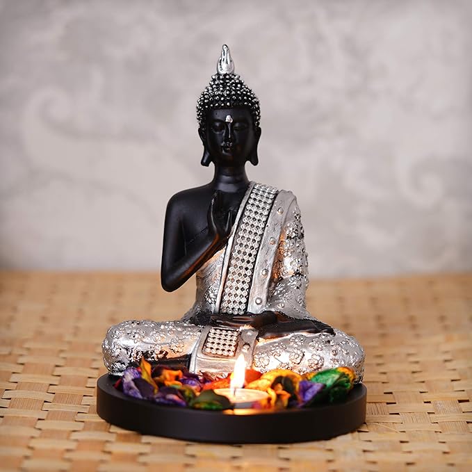 Ecraftindia Black & Silver Polyresin Meditating Blessing Lord Buddha Statue With Wooden Base | Tealight Candle Holder for Home