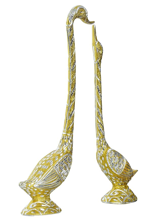Ecraftindia Golden Metal Handcrafted Kissing Swan Couple Statues Love Birds Showpieces | Elegant Home Decor for Living Room