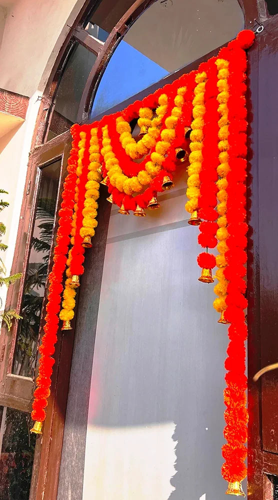 Artificial Fluffy Marigold Bandhanwar with Bell – 40 Inch Yellow Mango Flower Sign Of Beauty Bandanwar