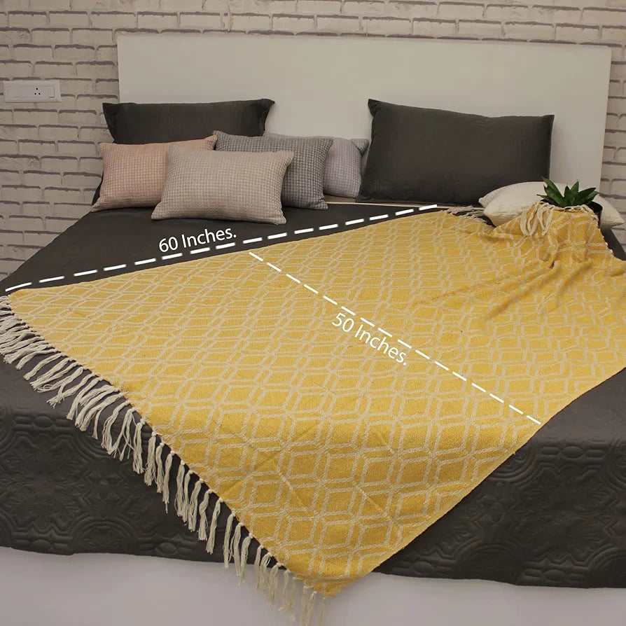 Cazimo Soft Throw Blanket for Bed Pure Cotton Blanket with Fringe Tassels for Couch Home Decor