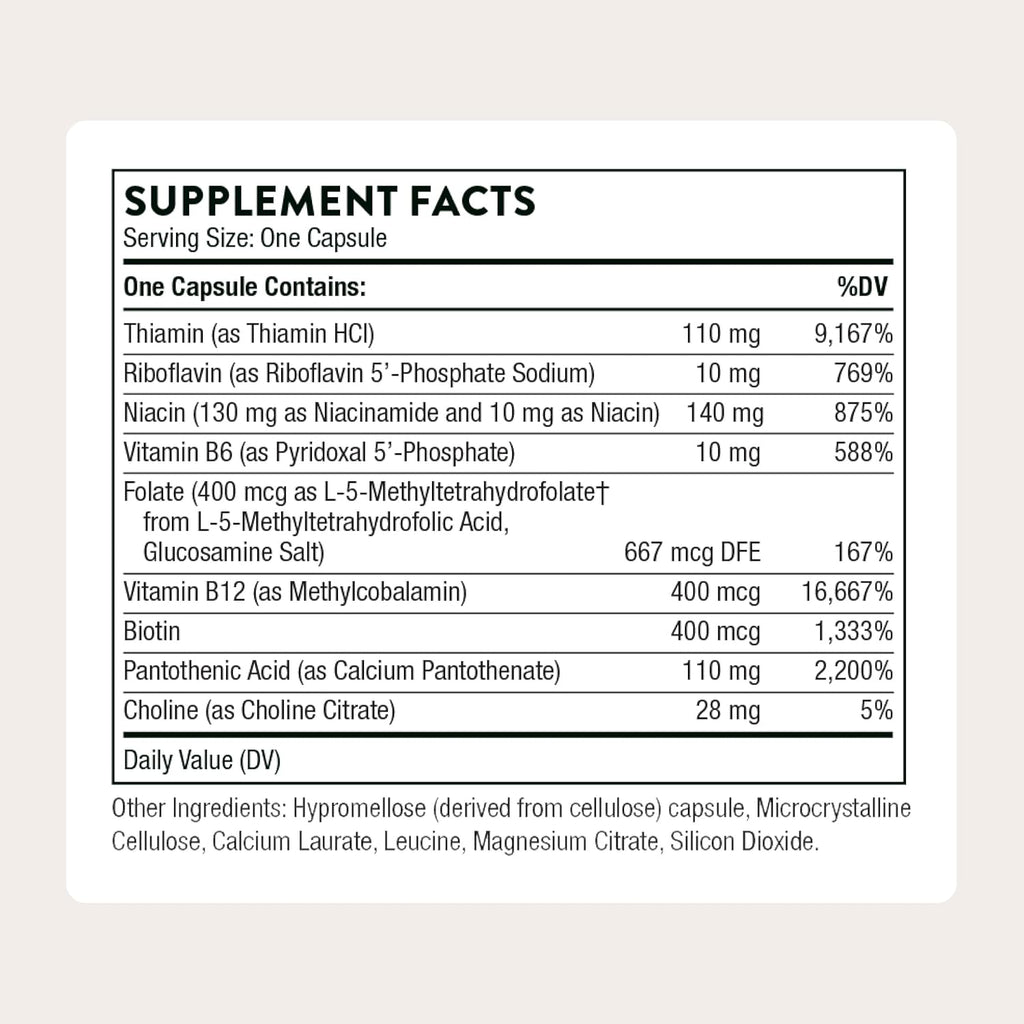 THORNE - Basic B-Complex - Tissue-Ready Vitamin B Complex Supplement with Choline - Supports Cellular Energy Production, Brain Health & Red Blood Cell Formation* - Gluten-Free - 60 Servings