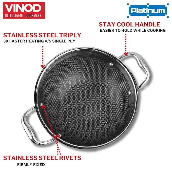 Vinod SAS Pro Platinum Triply Stainless Steel Non Stick Kadhai with Lid - 1.8 Litre, 22 cm | Ceramic Coating | Honeycomb Design Induction Base