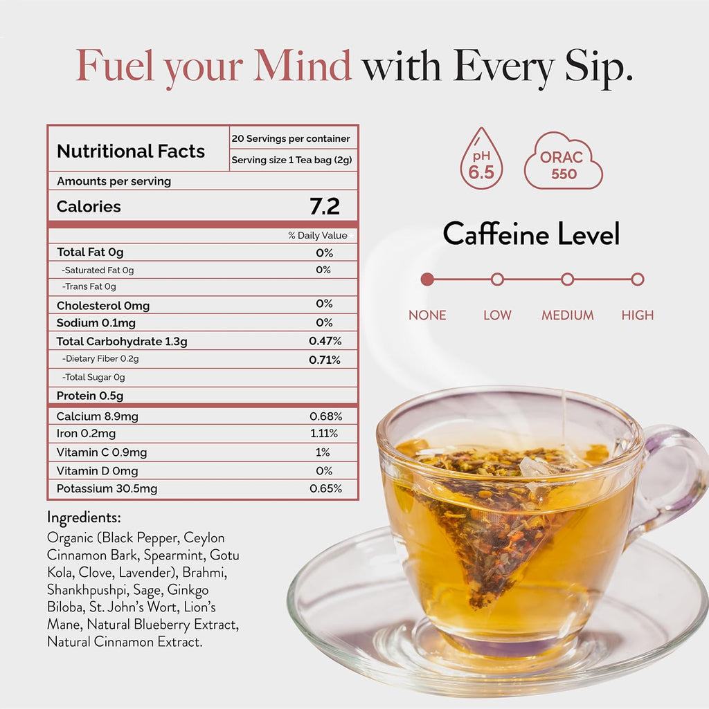 Wellbeing Nutrition Focus Tea | Memory Booster Green Tea for Focus, Concentration & Cognitive Function with Brahmi, Shankhpushpi, Ginkgo Biloba, Gotu Kola (20 Pyramid Tea Bags)