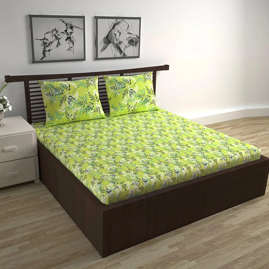 Divine Casa 144 TC 100% Cotton Double Bedsheet with 2 Pillow Covers Floral Pattern Colour Lime Breeze