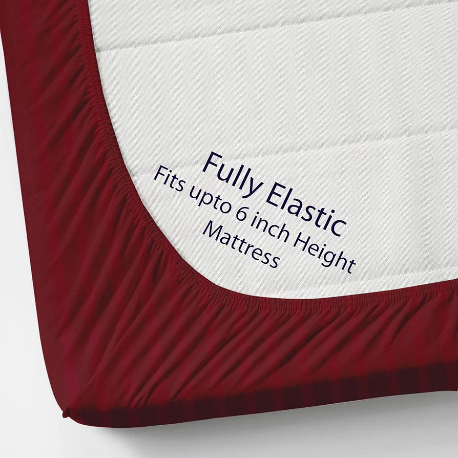 Homefab India 160 TC Stripe Cotton Feel Glace Cotton Elastic Fitted King Size Double Bed Bedsheet with 2 Pillow Covers Fits Upto 6 inches Mattress Maroon