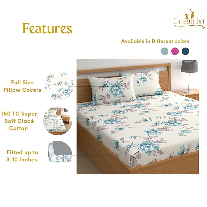 Dreamlet 180tc Cotton Feel All Around Elastic Fitted Bedsheets for Double Bed With 2 Pillow Covers | Off White & Blue