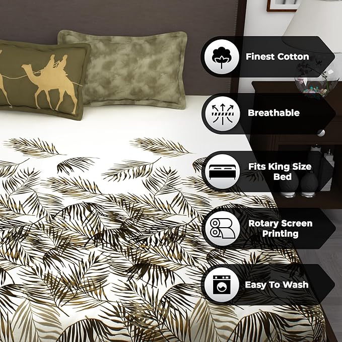 Story@Home Double Bed Cotton King Size Bedsheet With 2 Pillow Covers White and Green Colours