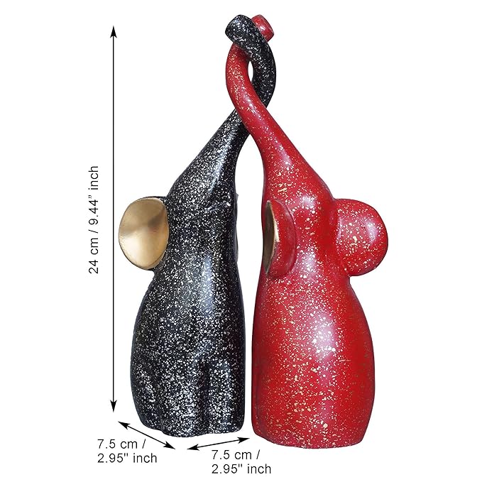 Ecraftindia Set of 2 Black & Red Cute Elephant Statues Animal Figurines Showpiece for Home Decor