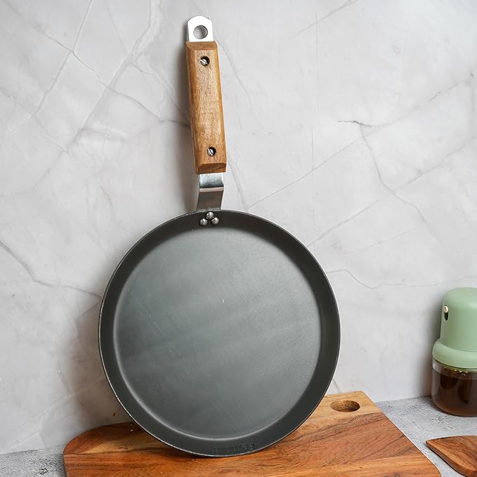 Femora 9.8 Inchs Iron Flat Tawa With Wooden Handle | Tawa for Roti