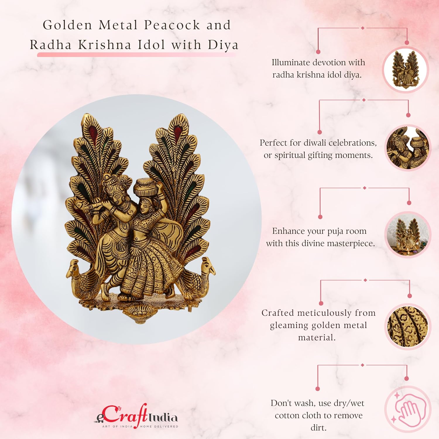 Ecraftindia Decorative Golden Metal Radha Krishna Idol With Diya Decorative Showpiece