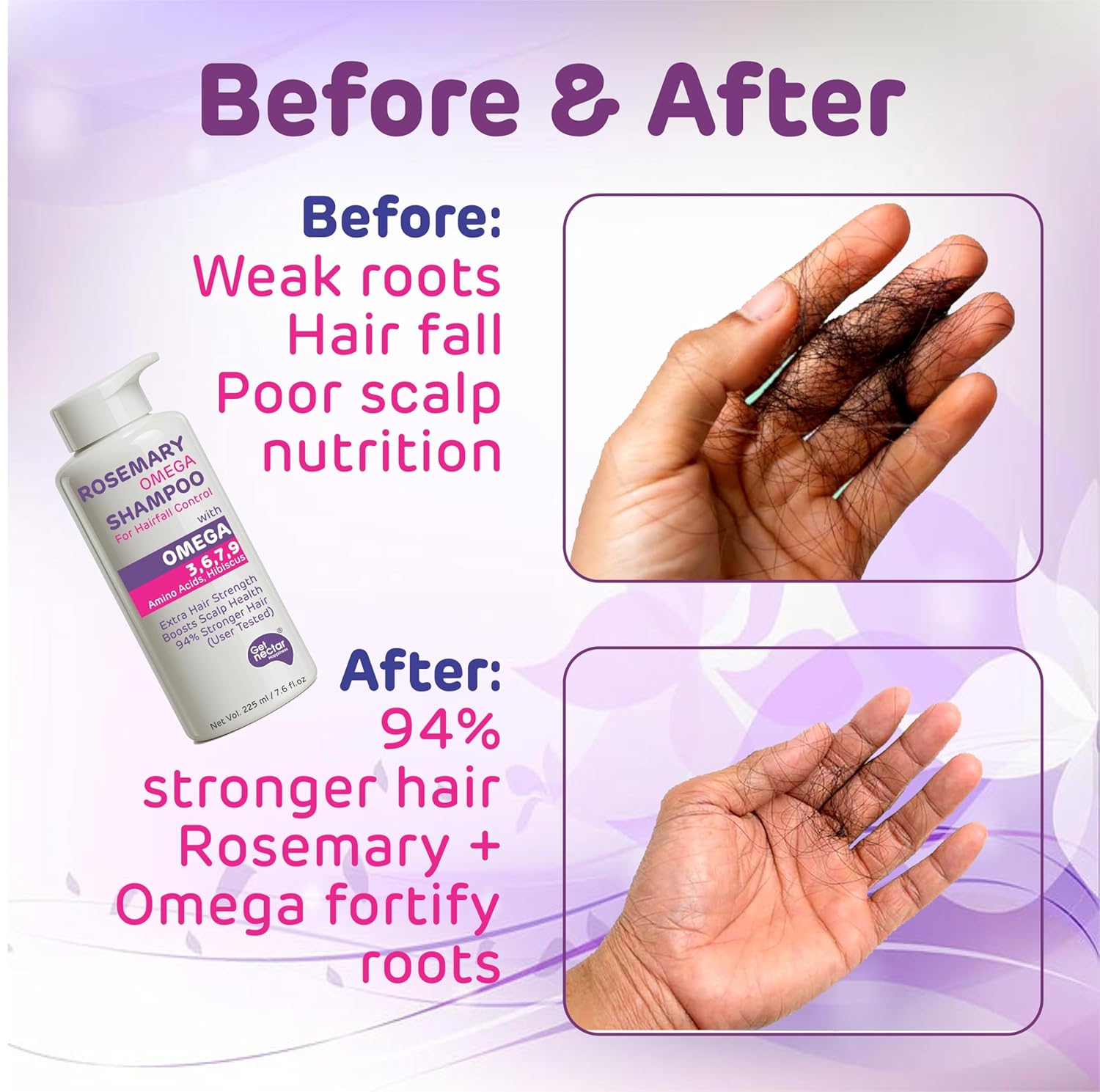 Get Nectar Happiness Korean Hair Essence Rosemary Shampoo for Hair Fall Control | Enriched with Hibiscus, Omega 3,6,7,9 & Amino Acids | Strengthens Roots, Boosts Scalp Health & Reduces Breakage | Sulphate & Paraben Free Gentle Cleanser | 225ml