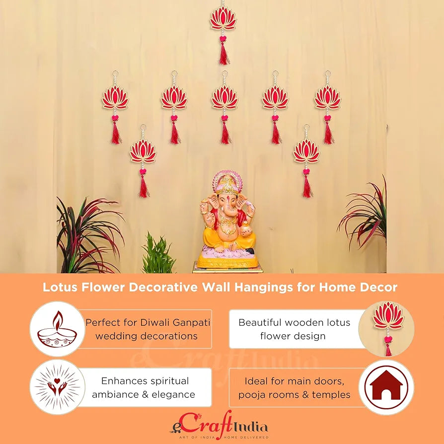 Wood Lotus Flower Decorative Wall Hanging Red and Golden