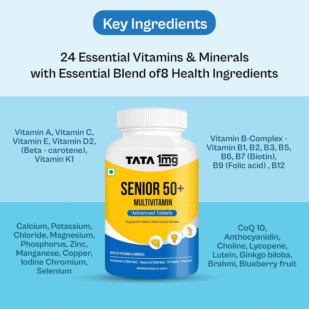 Tata 1mg Senior 50+ Multivitamin & Multimineral Veg Tablet with Calcium for Bone, Skin, Eye, Immunity, Heart & Joints, For Men & Women, Non-GMO & No Added Preservatives (Pack Of 60)