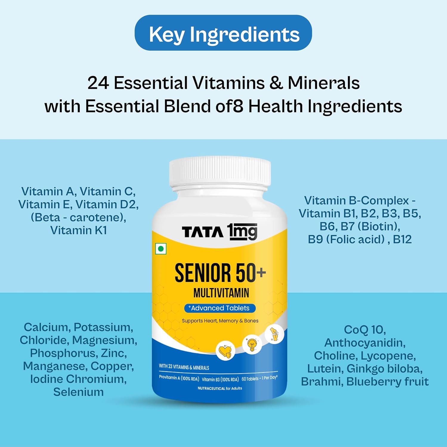 Tata 1mg Senior 50+ Multivitamin & Multimineral Veg Tablet with Calcium for Bone, Skin, Eye, Immunity, Heart & Joints, For Men & Women, Non-GMO & No Added Preservatives (Pack Of 60)