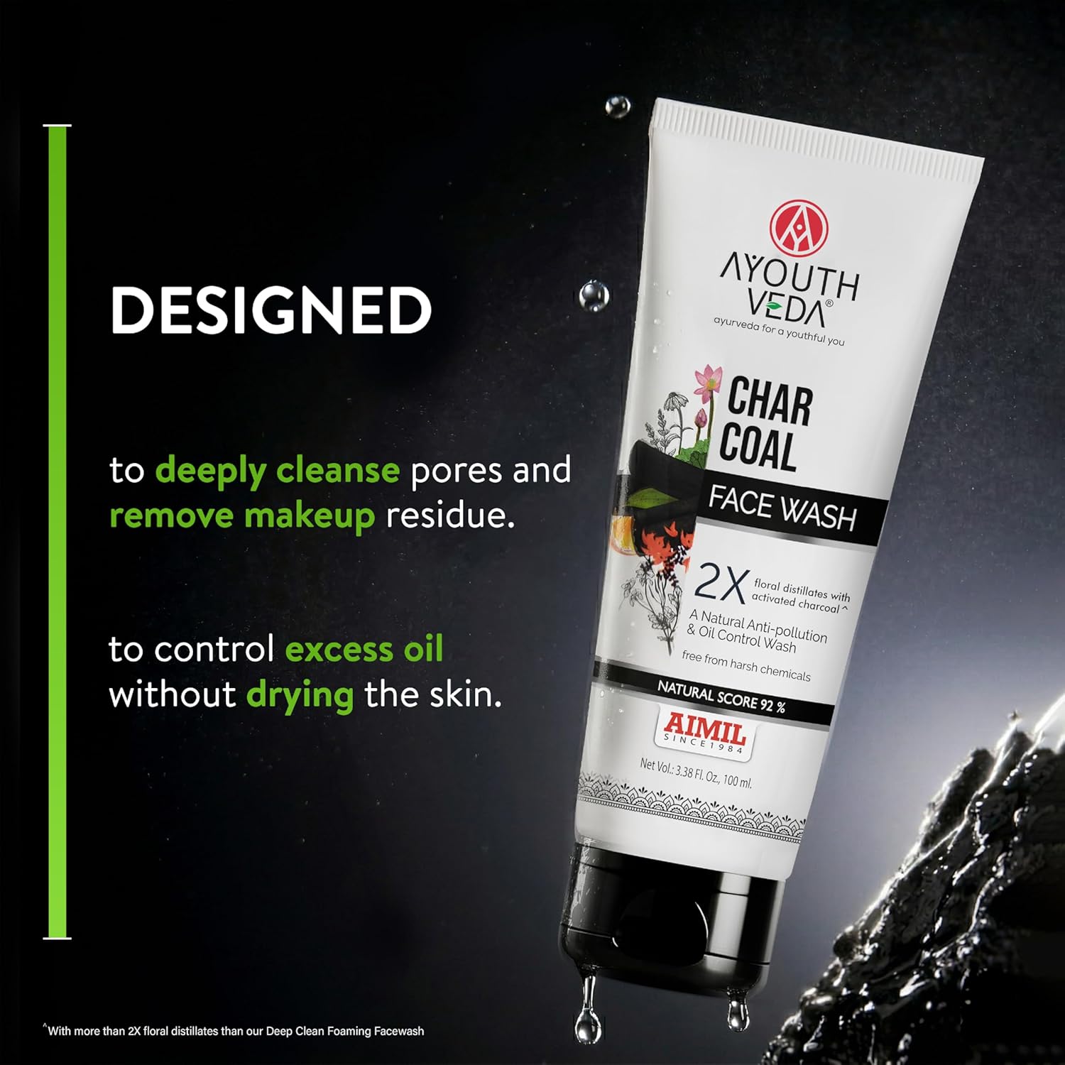 Ayouthveda Activated Charcoal Face Wash | Bamboo Charcoal & Floral Distillates | Deep Cleansing, Anti-Pollution, Oil Control & Brightening | Ayurvedic Non-Drying Cleanser | Maintains Skin Moisture Balance | For Men & Women | 100ml (Pack of 1)