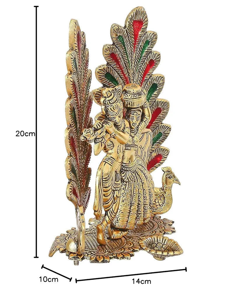 Chhariya Crafts Metal Radha Krishna Idol Statue With Diya Peacock Design Decorative Showpiece