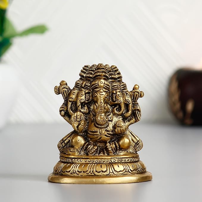 Ecraftindia Handcrafted Golden Brass Panchmukhi Lord Ganesha Idol | Hindu God Idol | Home Decor | Puja Room
