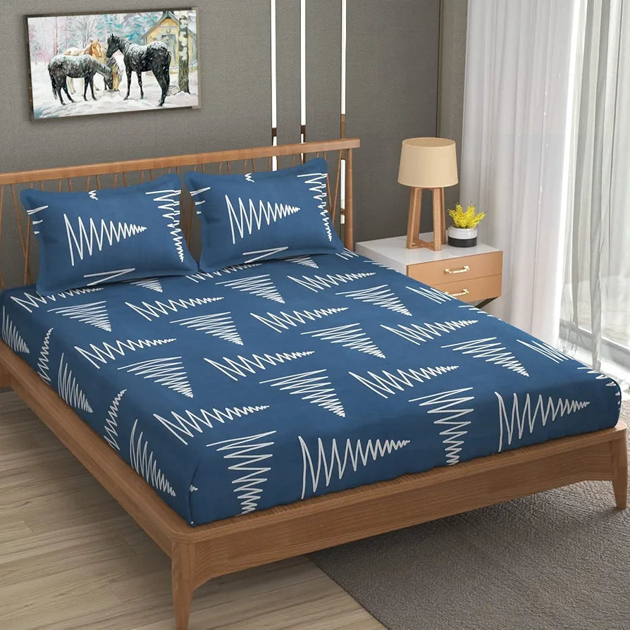 The Home Style Supersoft Cotton King Size Printed Flat Double Bedsheet with 2 Pillow Cover 400 TC Dusk Blue