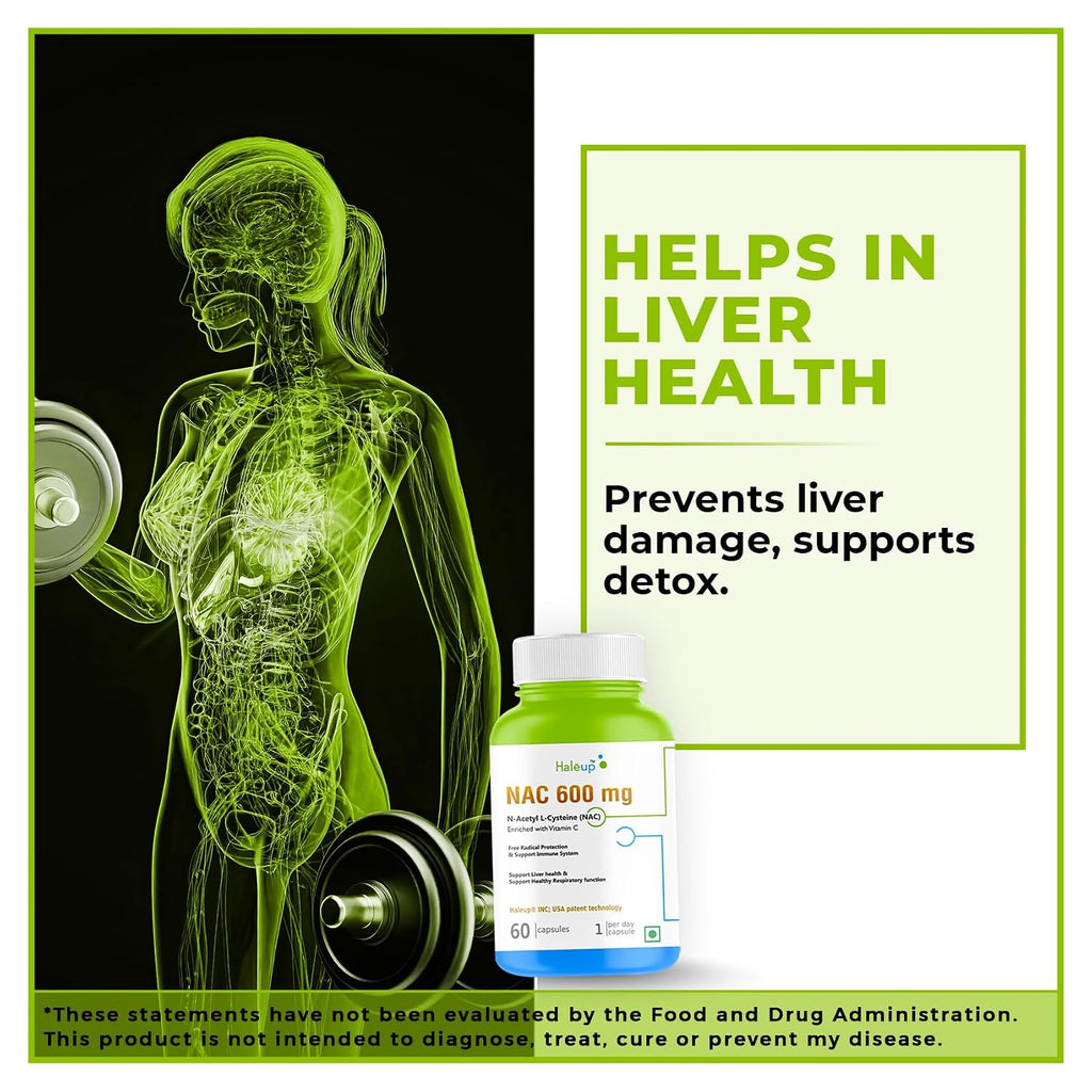 Haleup NAC 99% (N-Acetyl Cysteine) 600 mg, Haleup INC USA, 60 capsules, enriched with Vitamin C for Glutathione Production, Respiratory Health, Liver Detox, Antioxidant Support