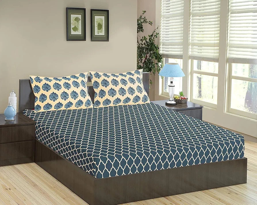 Trance Home Linen 100% Cotton 200 TC 78"X60" Standard Queen Size Elastic Fitted Bedsheet Printed Queen Bed Size With 2 Pillow Covers Colour Dori&Damask - Blue