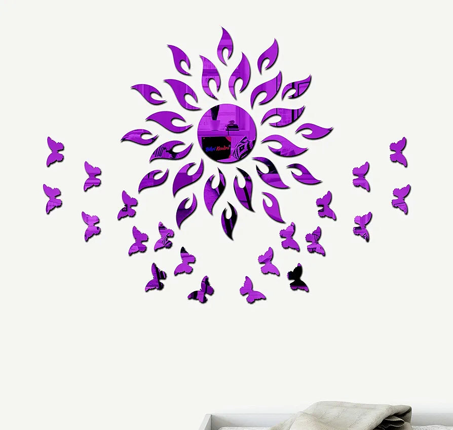 Bikri Kendra Art BK153 Sun Purple with 20 Purple Butterfly 3D Acrylic Mirror Stickers for Wall