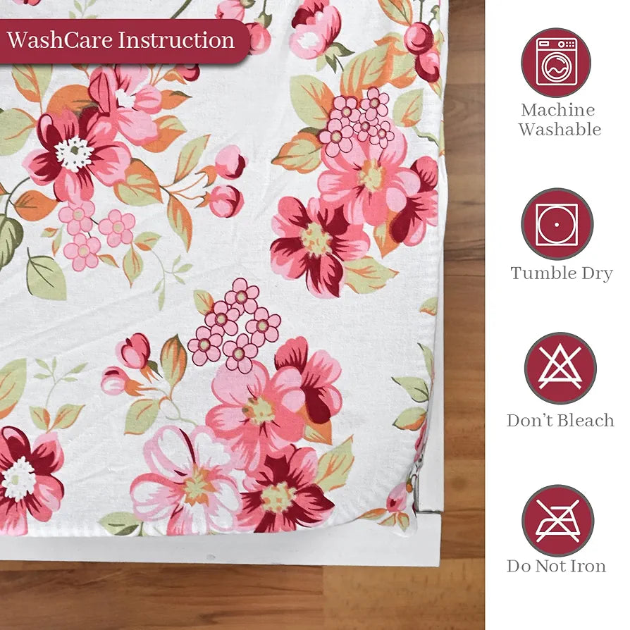 Divine Casa Floret 100% Cotton Double Fitted Bedsheet 144 TC Colour Rosy Retreat