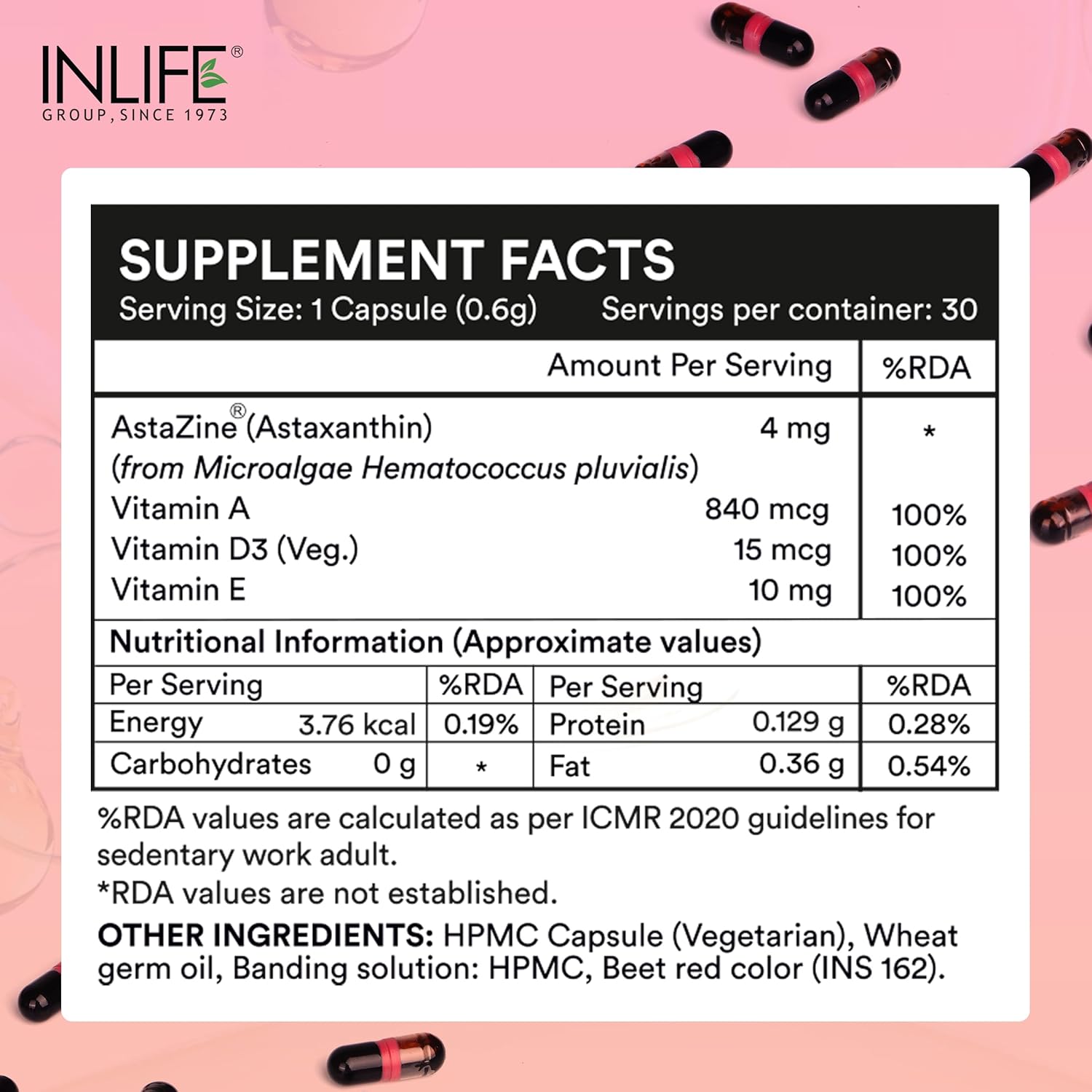 INLIFE Astaxanthin 4 mg Supplement AstaZine | Natural Antioxidant Supplement with Vitamin A, D3 & E â€“ High Absorption Formula â€“ 30 Liquid Filled Vegetarian Capsules