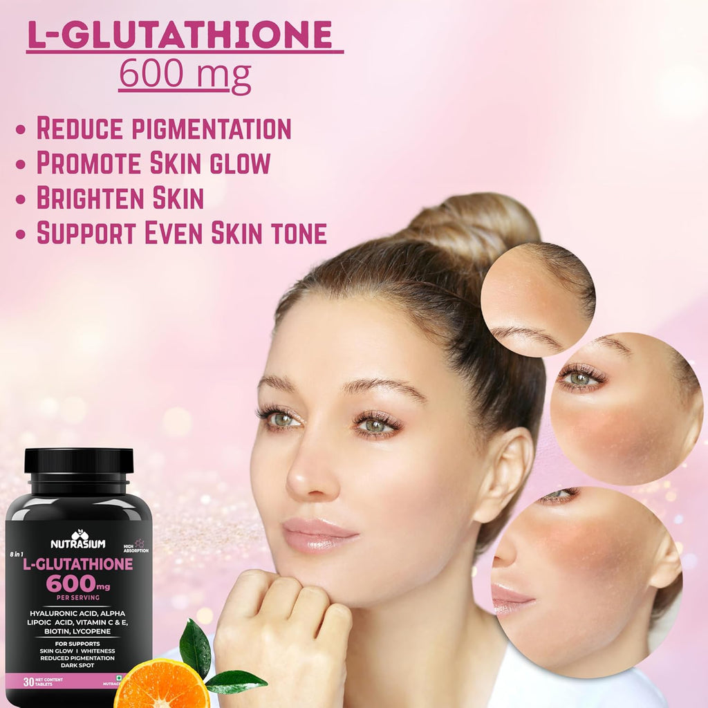 Nutrasium L-Glutathione 600 mg with Hyaluronic Acid & Biotin | For Skin Glow, Brightening, Hydration, & Skin Radiance, Reduce Dark Spot & Pigmentation | 30 Tablets