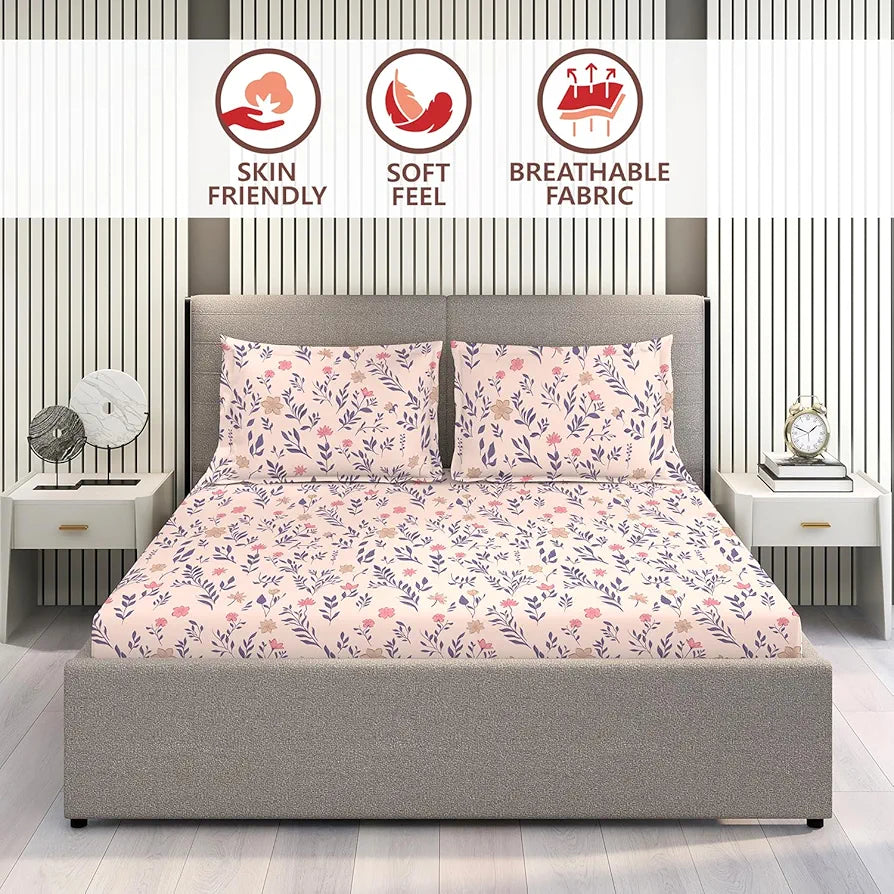 Layers Marigold Cotton Bedsheet Set for All Seasons Lightweight 144 TC King Size Pink Floral Oasis