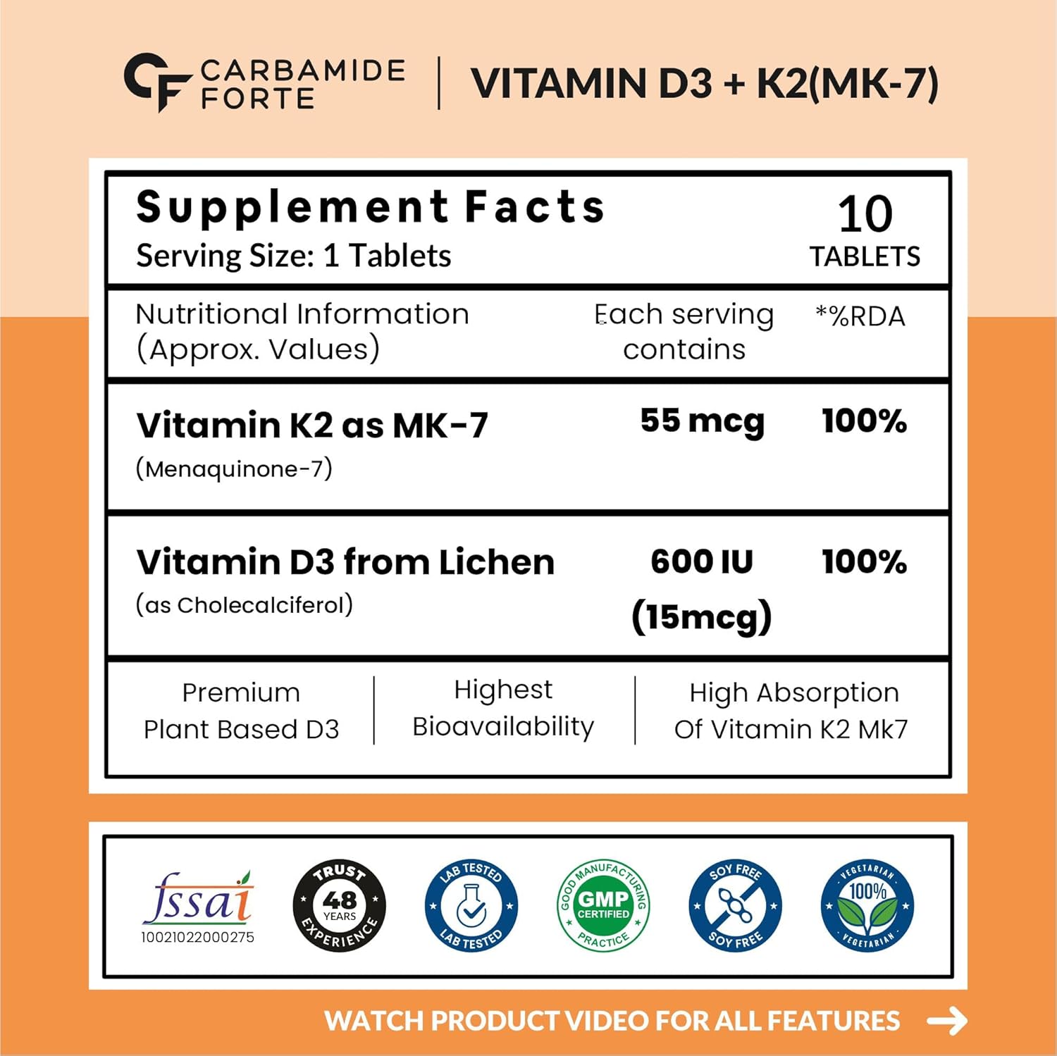 Carbamide Forte Vitamin D3 K2 Supplement | Vitamin K2 MK7 To Support Bone & Heart Health | Veg D3 - Lichen - 10 Tablets