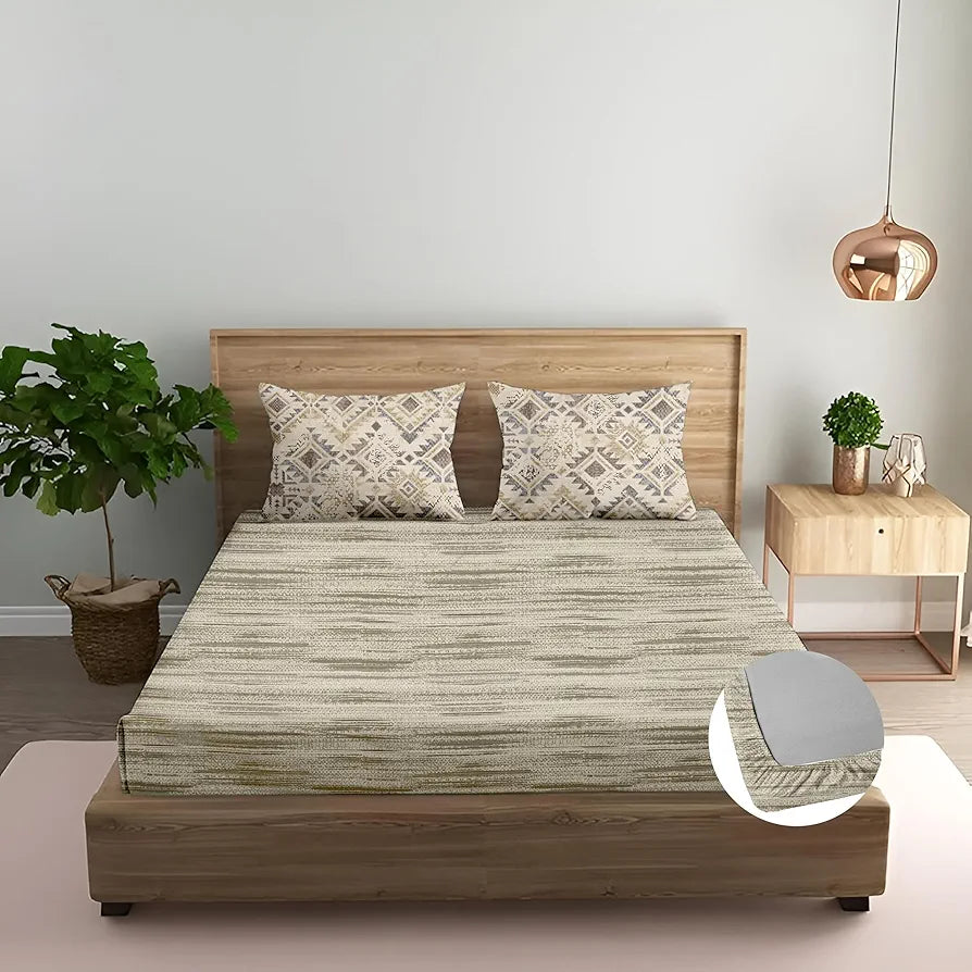 Trance Home Linen 100% Cotton 180 TC Bedsheet Single Size Printed Fitted Bedspread with 1 Pillow Cover Colour Dhariya Taupe