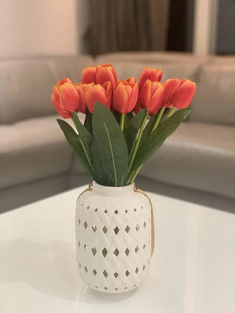 Beautiful Artificial Polyester and Plastic Tulip Flower Bunch Orange Set of 2