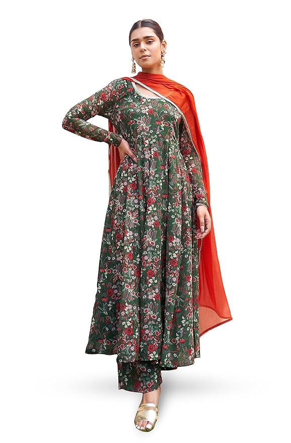 Janasya Women's Bottle Green Georgette Digital Floral Printed Kurta with Palazzo and Dupatta
