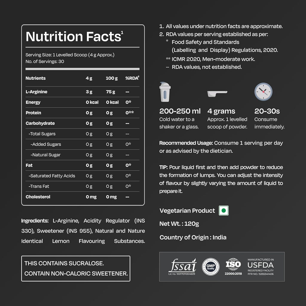 Nutrabay Gold L-Arginine Supplement Powder 120g, Lemon Flavor â€“ Pre Workout Amino Acid for Endurance, Muscle Building & Faster Recovery| Tested for Purity | 100% Authentic