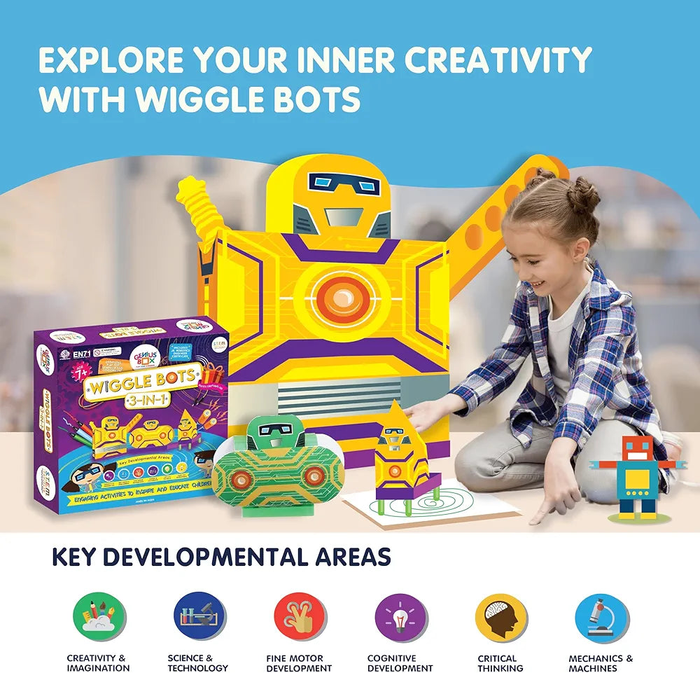 Genius Box Play Some Learning Genius Box Educational Toy Play Some Learning 3 in 1 Activity S.T.E.M Learning Kit for Children Age 7+ Wiggle Bot Activity Kit Multicolor