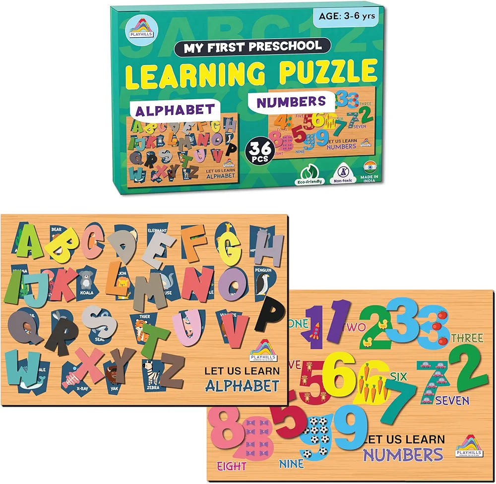 Playhills Mega 3D Learning Puzzle Combo Set- Wooden Alphabet and Numbers, Early Learning Wooden Puzzle for Kids 3, 4, 5 Years Old  Montessori Education