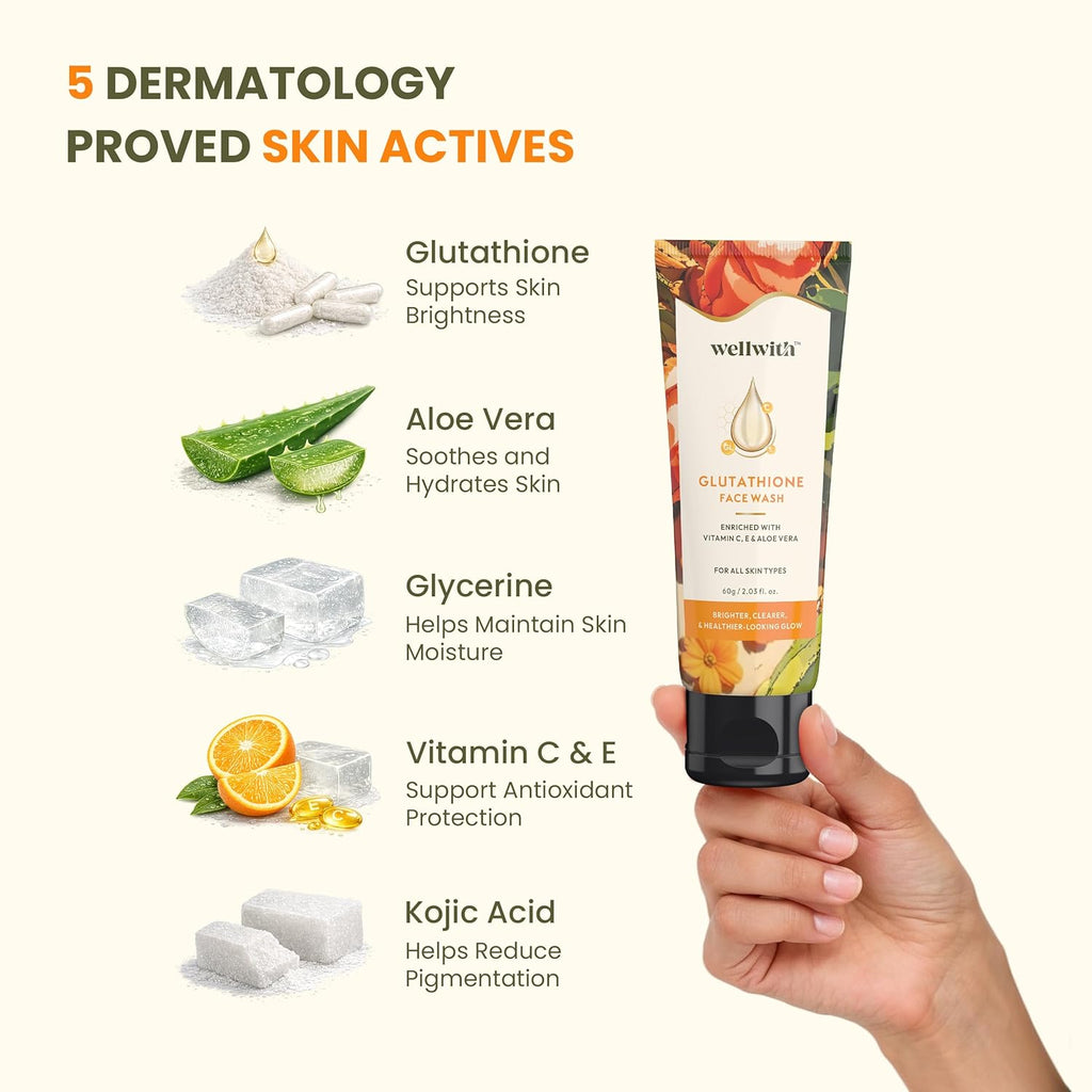 Wellwith by Ayuzera Glutathione Face Wash, Vitamin C & E, Kojic Acid Aloe Vera, Glowing Skin, Oil Control, Cleansing Face Wash Skin Rejuvanating (100ml, Pack of 1)