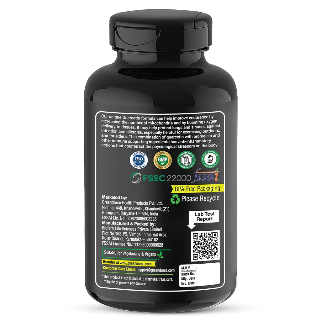 GREENDORSE Premium Quercetin with Bromelain, Stinging Nettle, Grape Seed, Vitamin C & D, Zinc, Magnesium – 8-in-1 Immune Support Supplement – Antioxidant, Allergy Relief, Cardiovascular & Respiratory Health – 60 Vegan Capsules