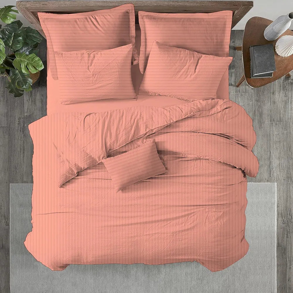 Trance Home Linen Zippered 100% Cotton 200 TC Satin Stripe Queen Duvet Cover Quilt Cover with 2 Pillow Covers Colour Peach