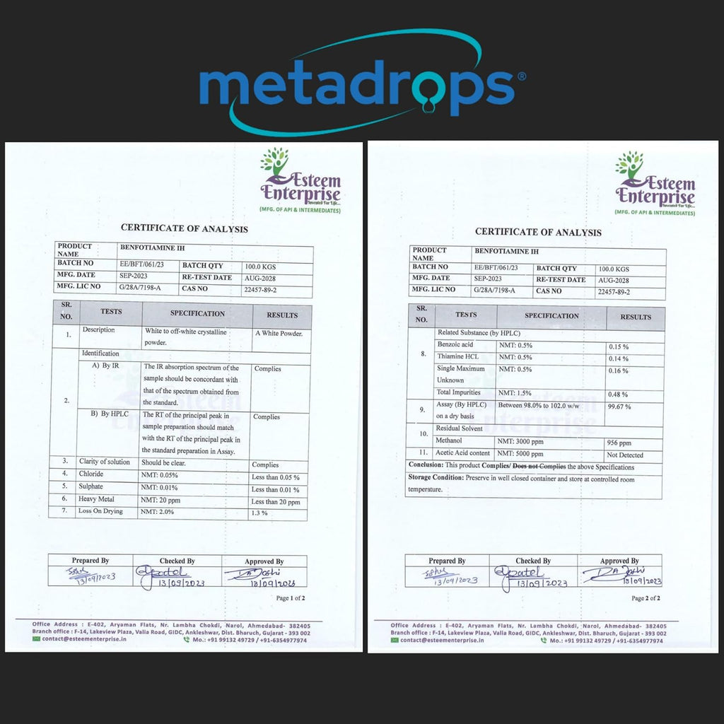 METADROPS Benfotiamine 300 Mg in Liquid Form - Premium Supplement for Nerve Health, Energy, and Glucose Metabolism Support - 50ml Bottle Providing 100 Servings - Fast Absorption and Trusted Quality